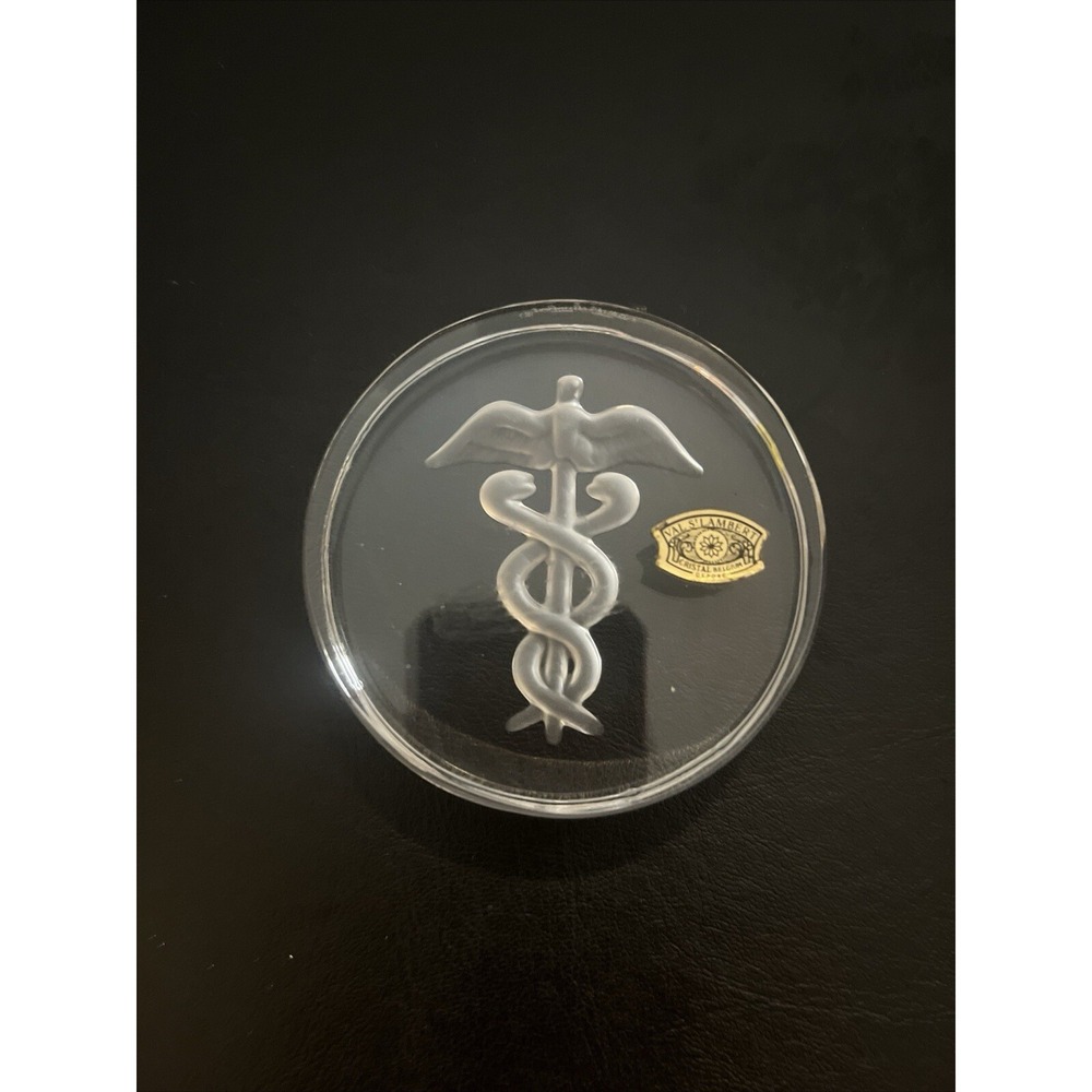 Signed Val St Lambert Staff of Hermes Caduceus Paperweight 3",Medical Belgium